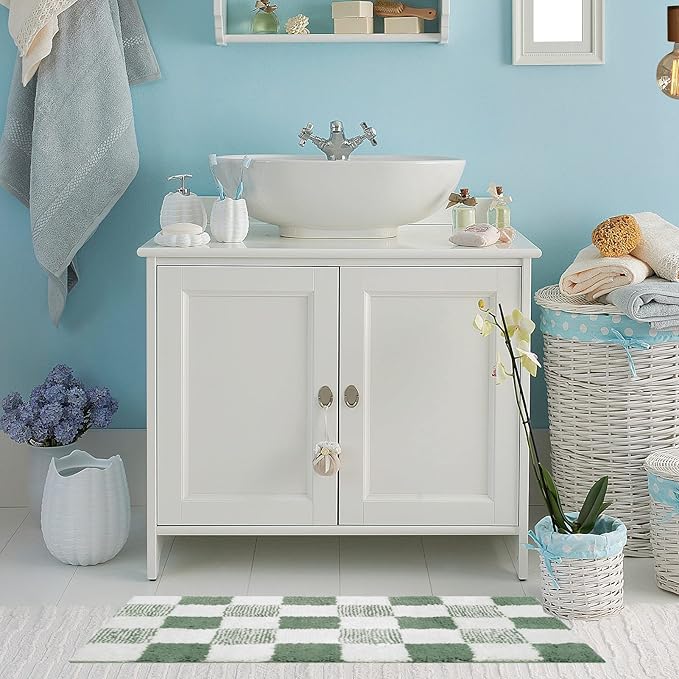 CozeCube Bath mats for Bathroom Non Slip, Fluffy Absorbent Microfiber Bath mat Washable, Aesthetic Bathroom Rugs, Cute Sage Green Checkered Bath mat, Sage Green, 32" x 20"