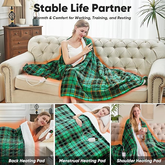 Green Heated Blanket Electric Throw 50X60, Heating Blanket for Couch, Plaid Sherpa Winter Blankets Warmer, 10 Levels & 8-Hour Auto Off, Fast Heated House Warming Gifts New Home Christmas Decor for Mom