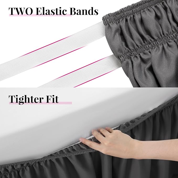 RIMELA Dark Grey Bed Skirt Queen Size 18 Inch Drop, Elastic Bed Skirting for Bed Base and Frame, Bedding Dust Ruffle Easy to Install, Lightweight Wrap Around Adjustable Bedskirt