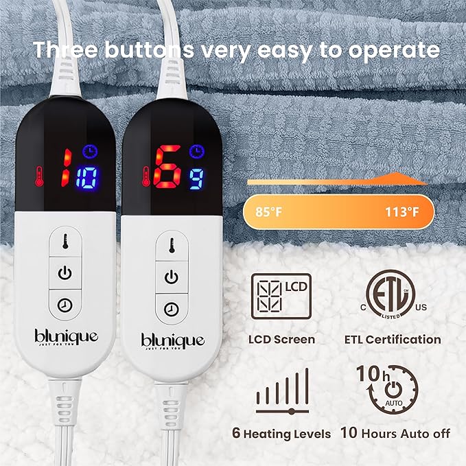 Heated Blanket Electric Blanket Queen Waffle, 84x90 Inches Dual Controllers Sherpa Fleece Fast Heating Blanket 6 Heating Levels & 10 Hours Auto Off ETL Certification, Haze Blue Queen