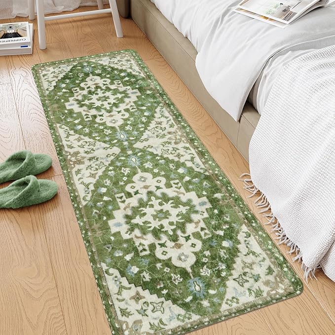 Uphome Boho Retro Large Bathroom Rugs Sage Green Non-Slip Soft Bedroom Runner Rug Oriental Floral Machine Washable Kitchen Rug Cute Farmhouse Floral Carpet for Hallway Laundry Kids Room, 24x59 inch