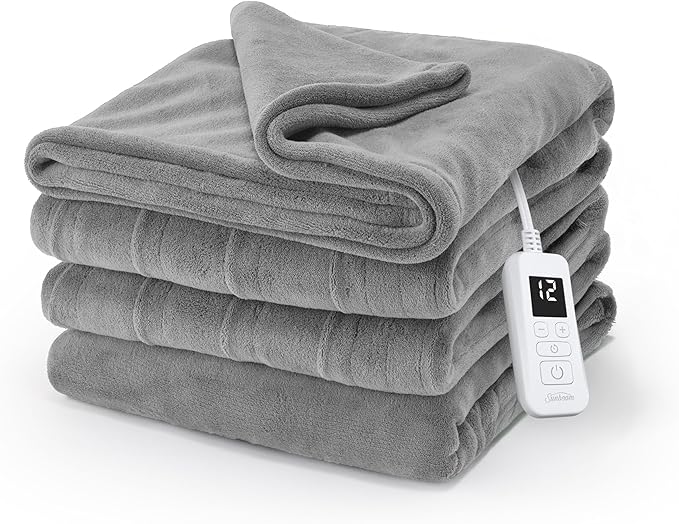 Sunbeam Electric Royal Luxe Microplush Heated Blanket, 12 Heat Settings, 12-Hour Auto Shut-Off, Fast Heating, Warm & Cozy, Machine Washable, Dove Gray Color, Full (84" x 72")