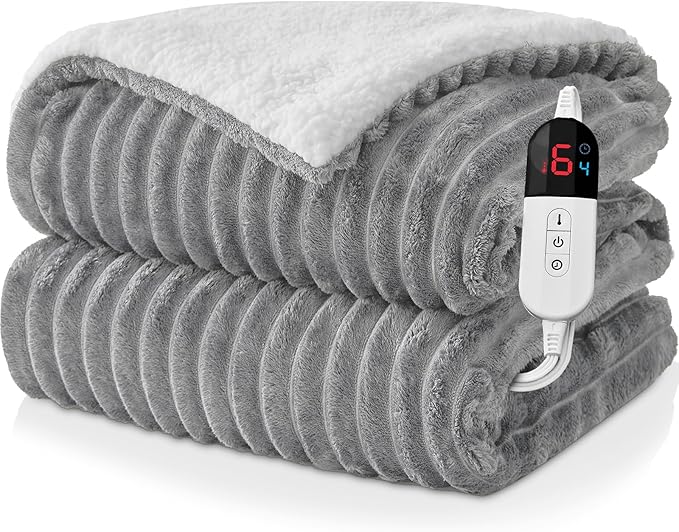 Electric Heated Throw Blanket - 50"x60" Fast Heating Bed Blankets with 6 Heating Levels & 4 Hours Auto Off, Soft Ribbed Flannel Sherpa, Over-Heated Protection ETL, Light Gray