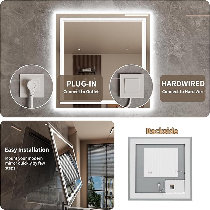 Bathroom Mirror with Lights 36"X36" with Front Light and Backlit, Tempered Glass, Wall Mount Horizontal/Vertical, Stepless Dimmable, 3 Colors, Anti Fog, Bathroom Memory LED Mirror