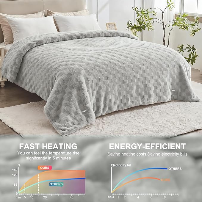 Electric Heated Blanket Queen Size Dual Control - Jacquard Checkered Sherpa 84"x90" Fast Heating Bed Blankets with 6 Heating Levels & 10 Hours Auto Off, Over-Heat Protection ETL, Light Gray