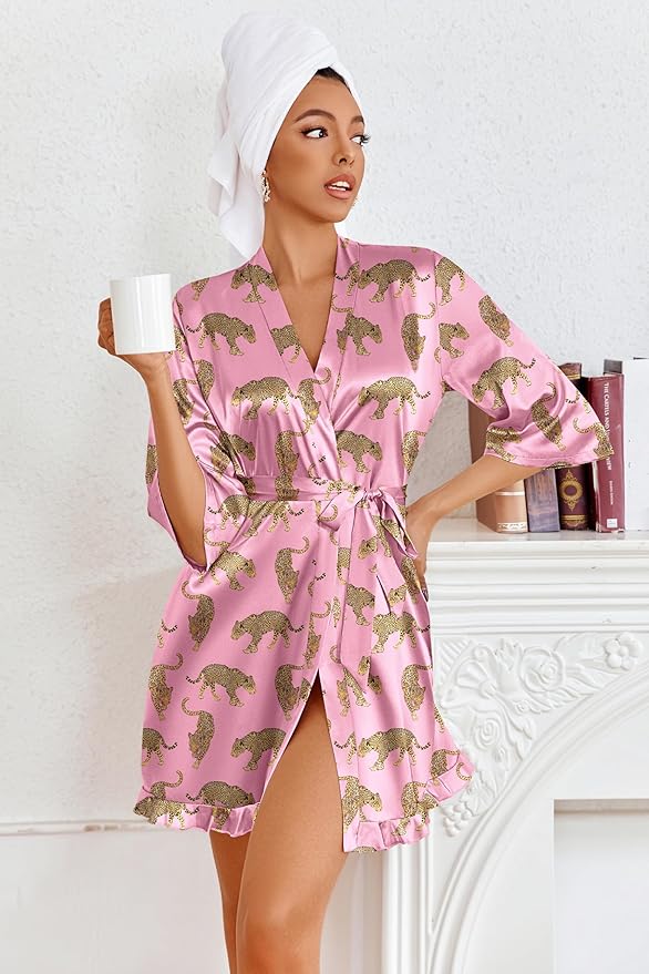 Ekouaer Women's Satin Robes Silk Kimono Bath Robe Short Ruffled Hem Bride Bridesmaid Sleepwear with Pockets