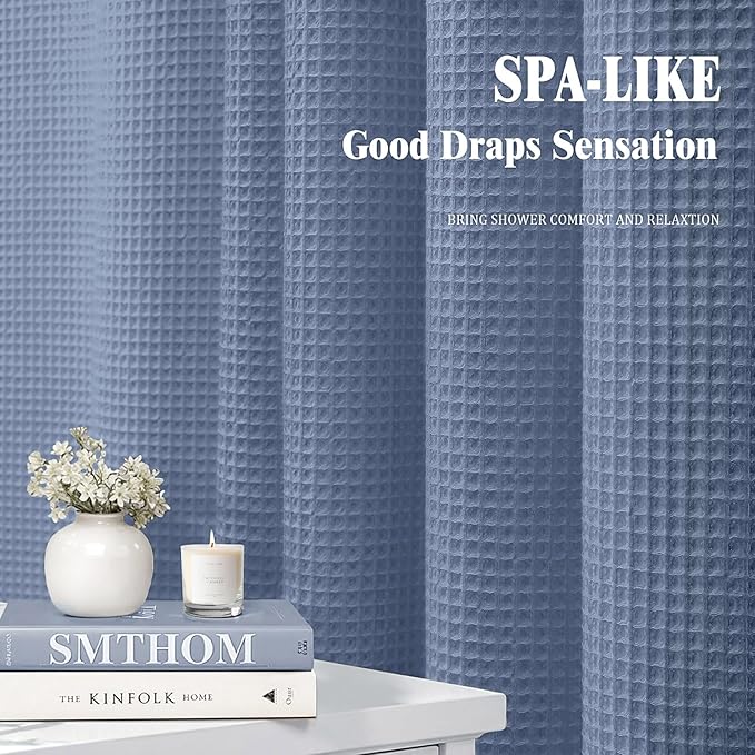 Extra Long Waffle Shower Curtain - Moonlight Blue Cotton Texture Fabric Heavyweight Shower Curtain for Bathroom,72Wx84L