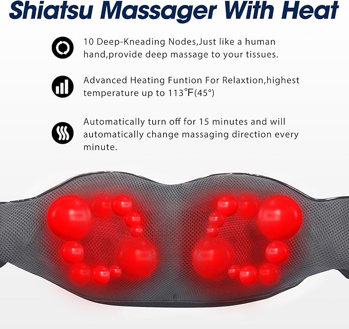 Grey Shiatsu Neck and Back Massager with Heat, Electric Deep Tissue Kneading Neck and Shoulder Massage, Best Gifts for Women Men Mom Dad Mothers Fathers Day Birthday Gift (NOT Cordless)