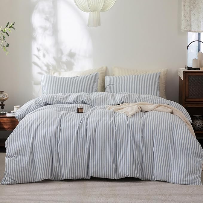FOSSA Striped Duvet Cover Set 100% Washed Cotton Linen Feel Super Soft Breathable Cozy 3 Pieces Bedding Sets Cornflower Blue White Classic Stripes King