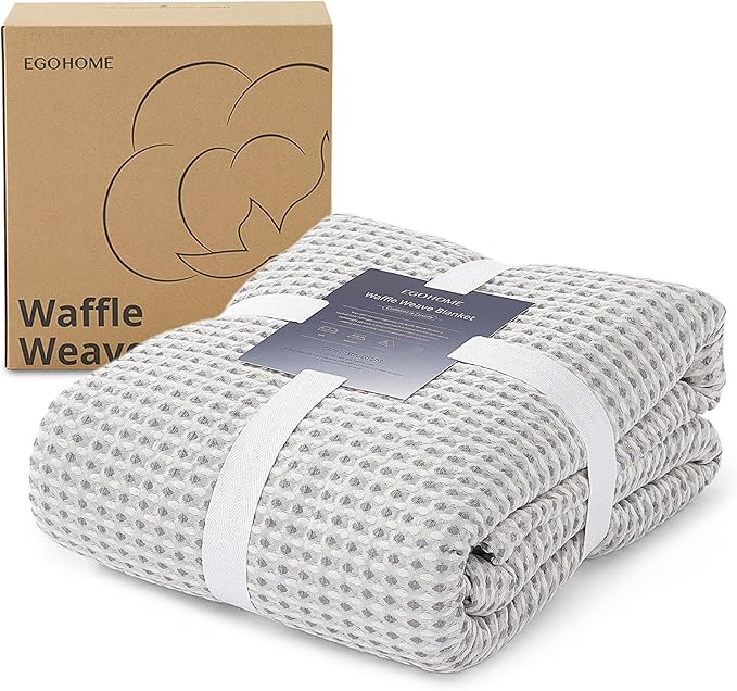 EGOHOME 100% Cotton Queen Size Blankets for Bed,Soft Jacquard Waffle Weave Blanket,Lightweight and Breathable Unique Dual-Tone Texture Cotton Blanket for All Seasons-Sleet Grey,90 x 90 Inches