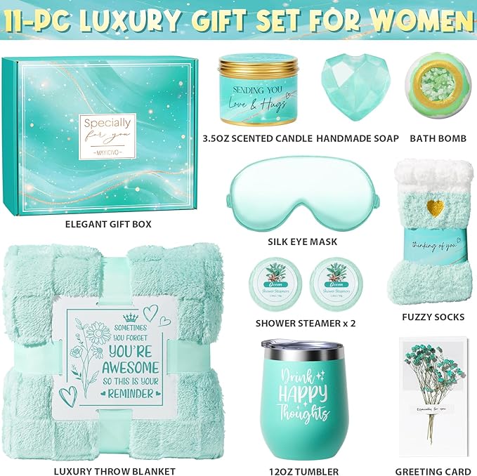 Birthday Gifts for Women, Self Care Gifts Get Well Soon Gifts Basket for Women, Ocean Relaxing Spa Gifts Care Package w/Luxury Blanket, Unique Gifts for Mom Mother Her Wife Girlfriend Friend Sister