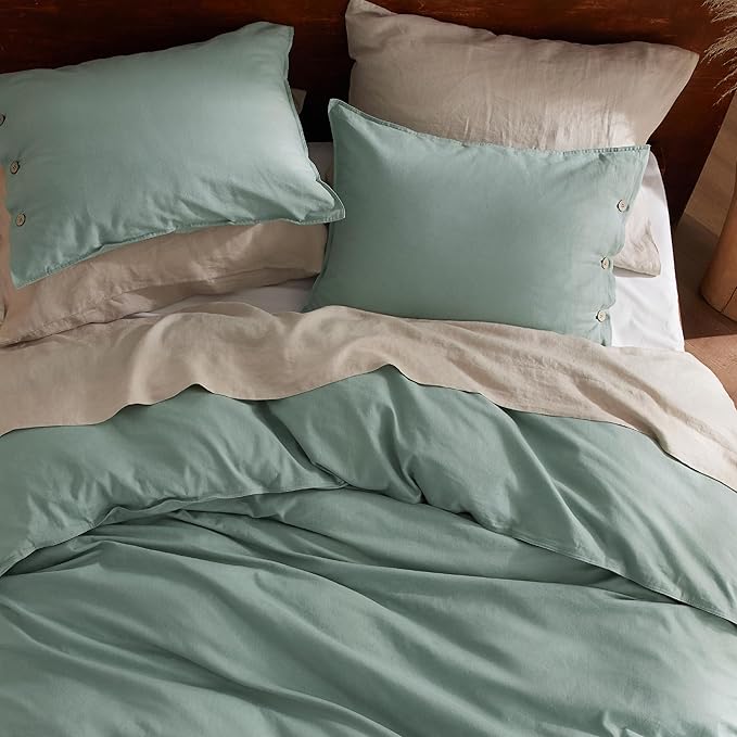 Bedsure Linen Duvet Cover King Size - Linen Cotton Blend Bedding Set, Soft & Cozy, 3 Pieces, 1 Duvet Cover 104x90 and 2 Pillowcases, Sage Green Color Cooling Bedding, Comforter Sold Separately