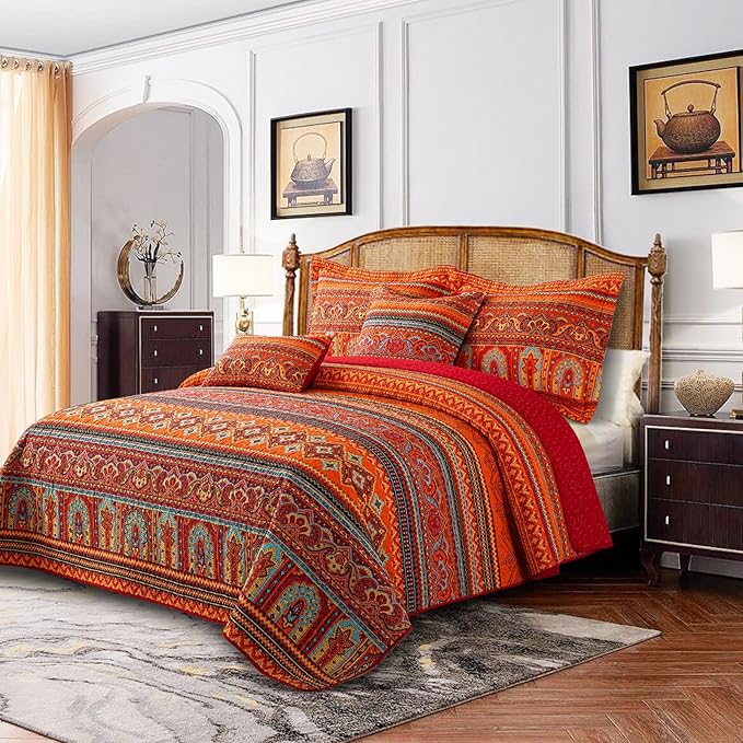 BEDIFANY Cotton King Size Quilt Set - Boho Lightweight King Bedspread - Colorful Orange Reversible Coverlets Quilt Bedding Sets - Oversized King Quilt Set for Bed Decorations for All Seasons, 3 Pieces