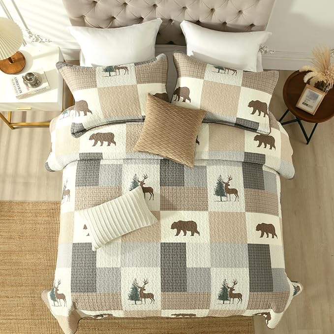 Uniclinens Plaid Quilt Set King Size, 100% Cotton Patchwork Quilts, Brown Farmhouse Lightweight Quilted Comforter, Soft Rustic Bedspread, 3 Pieces Set with 2 Pillowshams, Beige/Brown/Gray