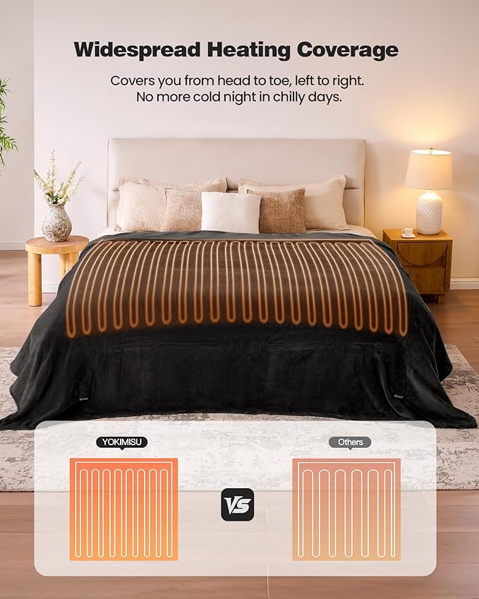 Electric Blanket King- Heated Blanket Super Soft, Dual Control & 9 Heat Settings Heating, 10 Hours Auto Off, Soft Flannel to Sherpa, Fast Heating Electric Throw, Machine Washable, 90" x 100''- Black