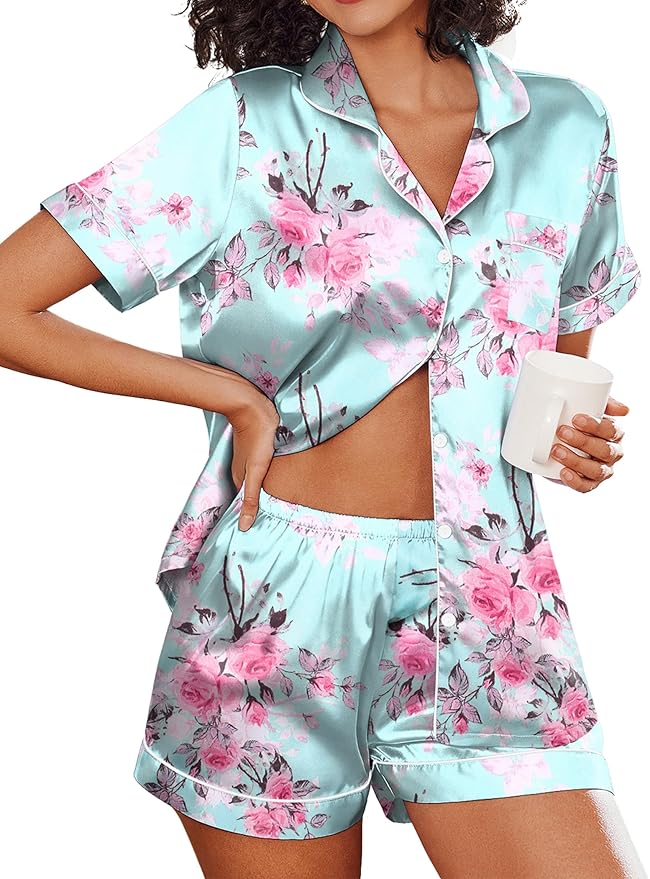 Ekouaer Pajamas for Women Set Silk Satin Pjs Shorts Sleepwear 2 Piece Loungewear S-XXL