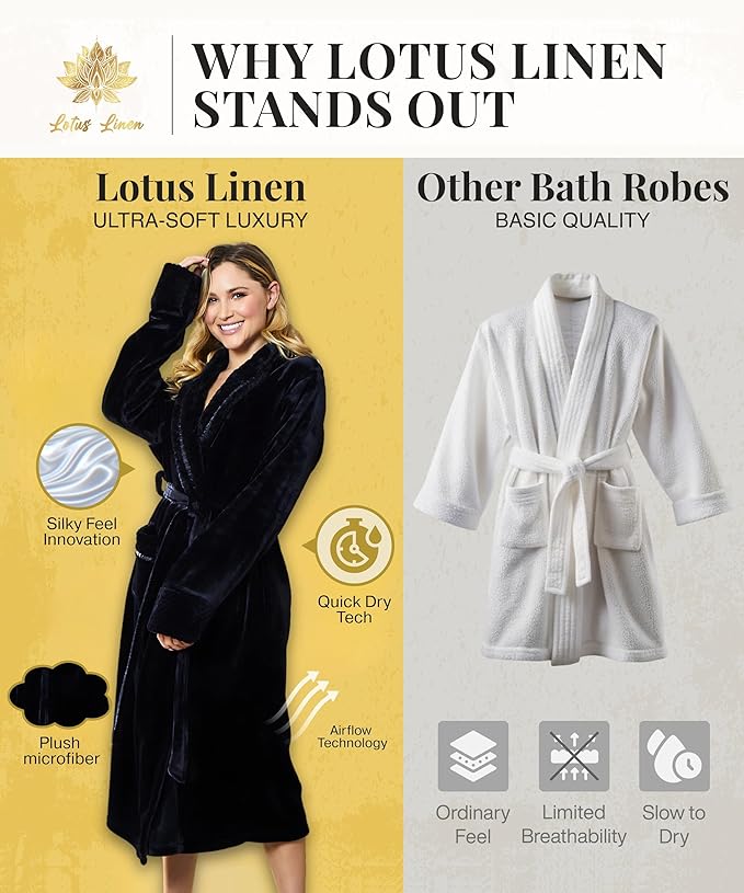 Lotus Linen Plush Robes for Women - Soft Bathrobe, Custom Monogram, Warm Fleece Robe with Pockets