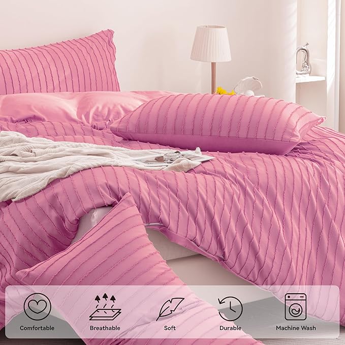 JELLYMONI Duvet Cover Queen Size Bright Pink - 3PCS Boho Striped Duvet Cover Set Polyester Tufted Bohemian Textured Comforter Cover with Corner Ties & Zipper Closure