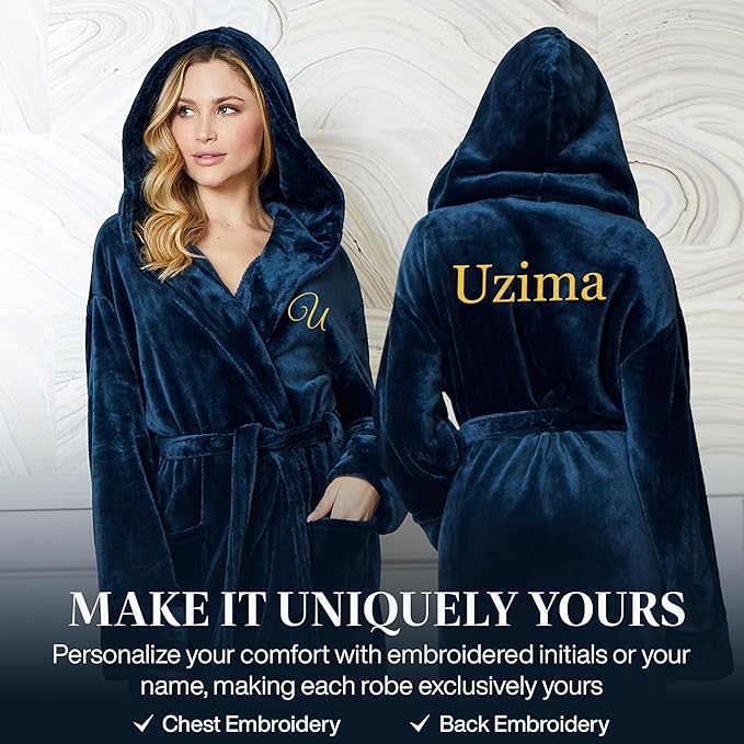 Lotus Linen Plush Robes for Women - Soft Bathrobe, Custom Monogram, Warm Fleece Robe with Pockets