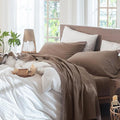 MooMee Bedding Sheet Set 100% Washed Cotton Linen Like Textured Breathable Durable Soft Comfy (Solid Brown, California King)