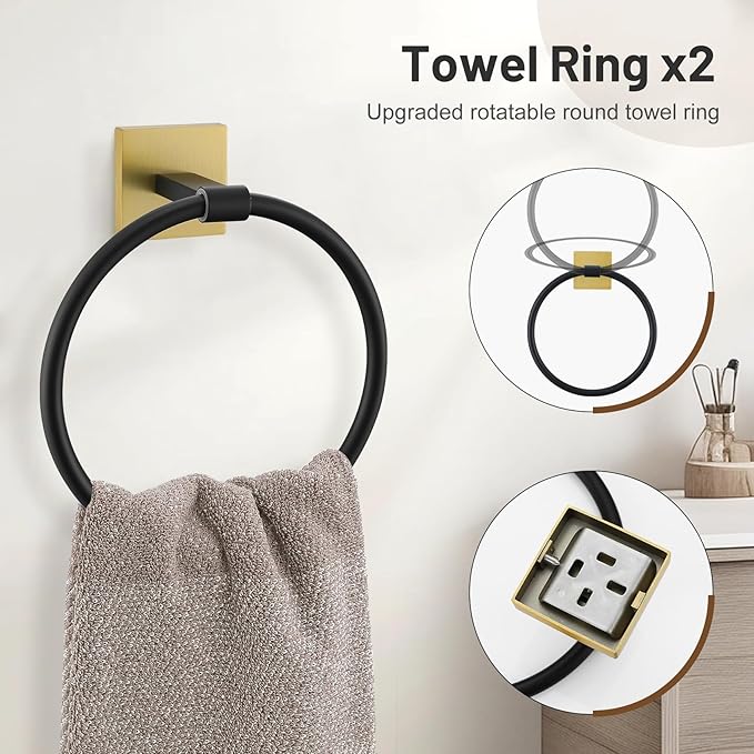 10 Pieces Black Gold Towel Bar Set, 23.6 Inch Bathroom Accessories Set SUS304 Stainless Steel Bathroom Hardware Set Towel Racks for Bathroom Wall Mounted.