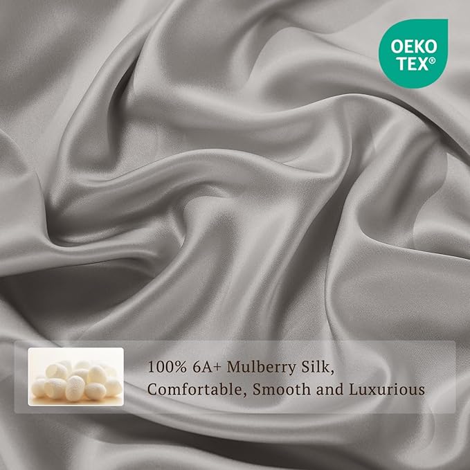 THXSILK 100% Pure Mulberry Silk Duvet Cover Set 3 Piece, 6A+ Grade Luxury Soft Bedding Silk Sheets for Hair and Skin, 1 Pcs Duvet/Quilt/Comforter Cover with 2 Zippered Pillowcases (Grey, King)