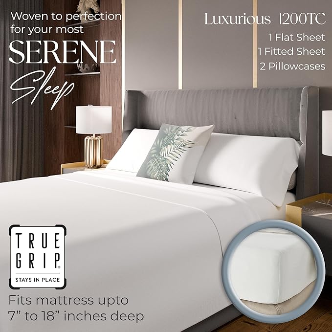 SUPREME ELEGANCE 1200 Thread Count Cotton Rich Full White Sheets Set, Ultra Soft & Silky Luxury Sateen Bed Sheets, Moisture Wicking & Wrinkle Resistant (1 Flat Sheet, 1 Fitted Sheet & 2 Pillowcases)