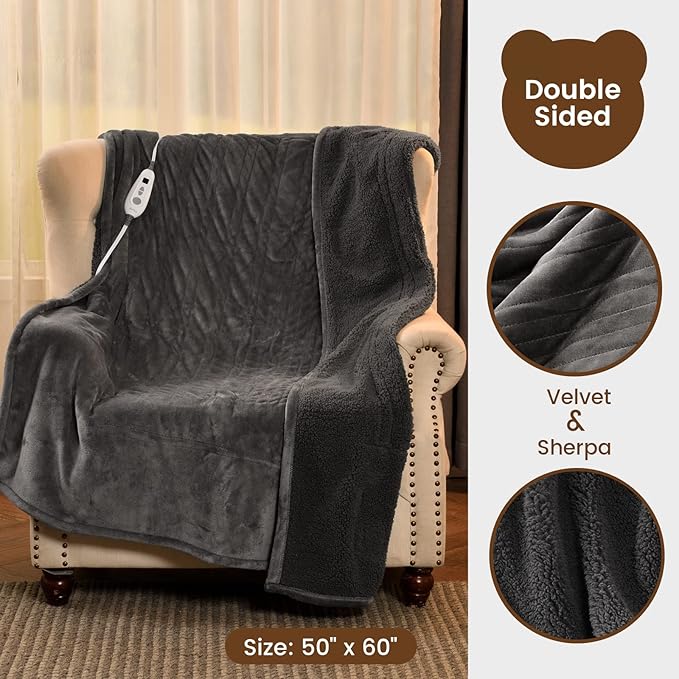 Bearhug Electric Throw Blanket 50" x 60", Reversible Velvet & Sherpa Heated Throw, 6 Heating Levels & 4H Auto Off, Over-Heat Protect, ETL Certification, Machine Washable