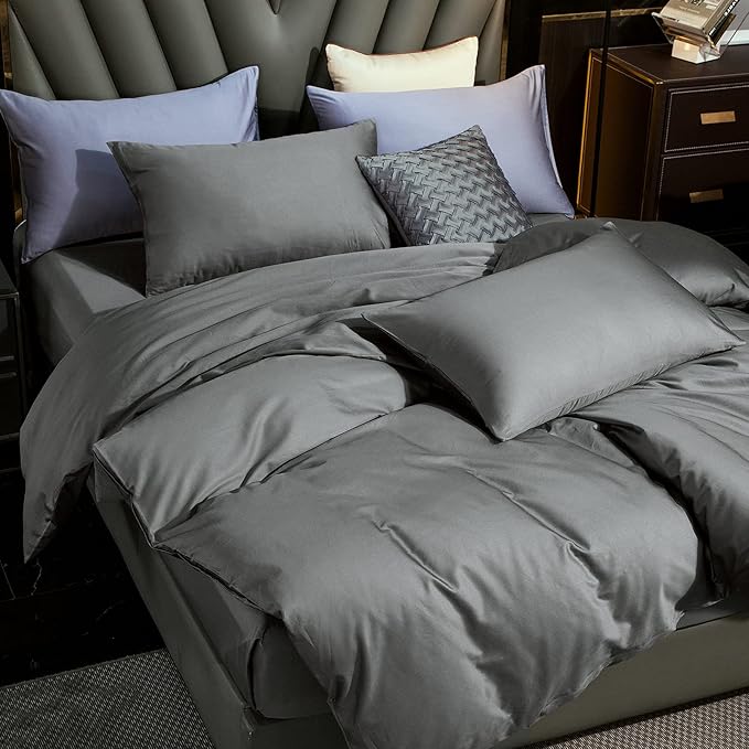 MooMee Duvet Cover Set 100% Extra Long Staple Cotton 600 Thread Count Silky Sateen Smooth Luxury Soft Breathable Durable Hotel Quality Bedding, 3 Pieces (Dark Gray, Super Queen 90"x98")