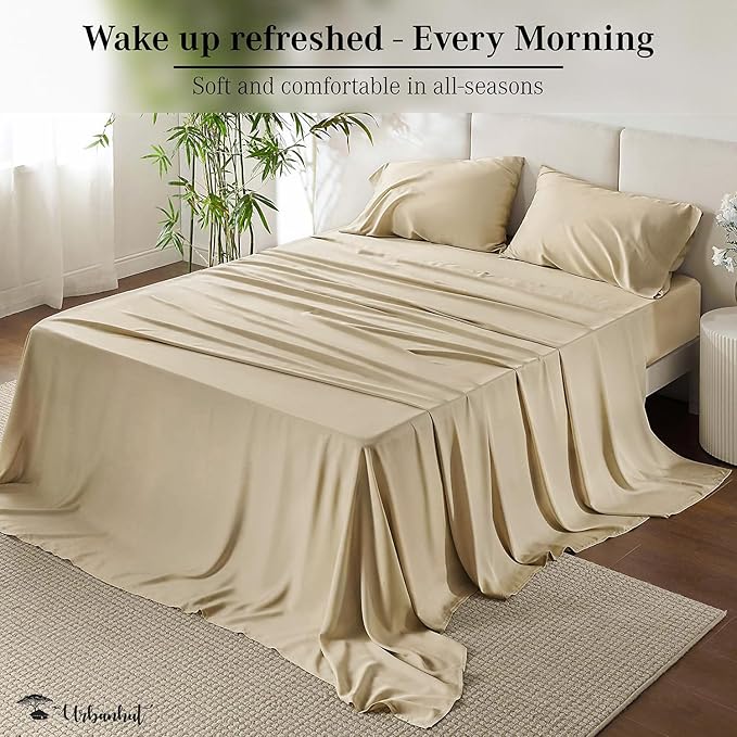 URBANHUT 700 Thread Count Egyptian Cotton Sheets Full Size, 4Pc Sheet Set Soft Luxury Bed Sheets for Full Size Bed, Sateen Weave Hotel Sheets, 14'' Elasticized Deep Pocket - Sand