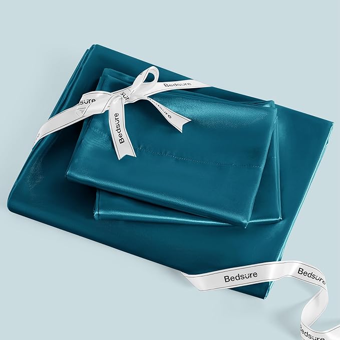 Bedsure Satin Sheets Full Size - 4 Piece Silky Bedsheets with 15 Inches Deep Pocket Fitted Bedsheet,1 Flat Sheet, 2 Satin Pillowcases, Good for Hair & Skin (Full, Teal)