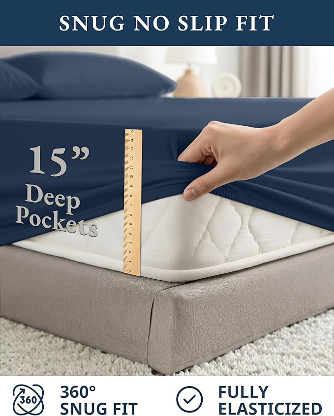 LANE LINEN 100% Organic Cotton California King Bed Sheets, 4-Piece Pure Percale Sheets Soft Breathable Cotton Bed Sheets, Deep Cal King Sheets for Thick Mattress - Navy