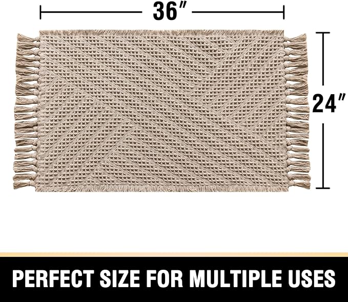 H.VERSAILTEX Waffle Bath Mat Super Absorbent Boho Bath Mat Non Slip Bath Rugs for Bathroom Floor Machine Washable Dry Fast Bathroom Rugs with Handmade Tassels, 24" x 36", Irish Cream