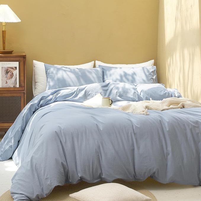 FOSSA Duvet Cover Set 100% Washed Cotton Linen Feel Super Soft Breathable Cozy 3 Pieces Bedding Sets Solid Cornflower Blue Queen