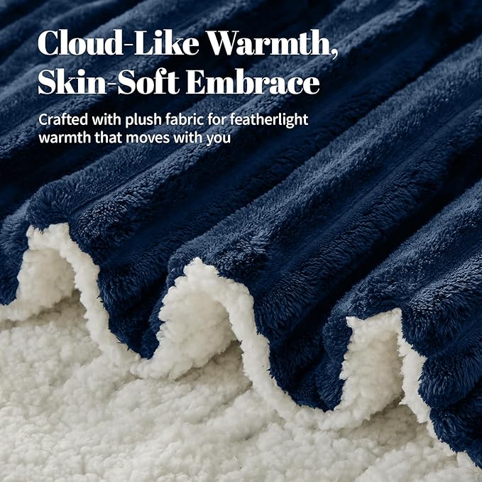 Electric Heated Blanket Twin Size - 62"x84" Fast Heating Bed Blankets with 6 Heating Levels & 10 Hours Auto Off, Soft Ribbed Flannel Sherpa, Over-Heated Protection ETL, Navy Blue