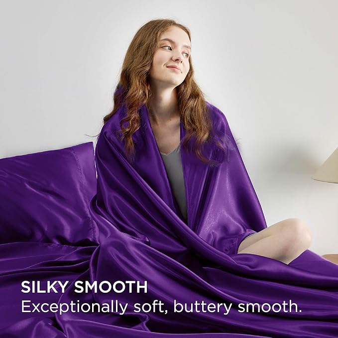 Bedsure Satin Sheets Full Size - 4 Piece Silky Bedsheets with 15 Inches Deep Pocket Fitted Bedsheet,1 Flat Sheet, 2 Satin Pillowcases, Good for Hair & Skin (Full, Purple)
