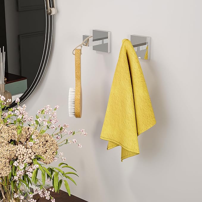 Ruacq Towel Hooks for Bathrooms, 2pcs Square Base Robe Coat Clothes Hook Wall Mount, SUS 304 Stainless Steel Wall Hooks for Hanging, Heavy Duty(Chrome)