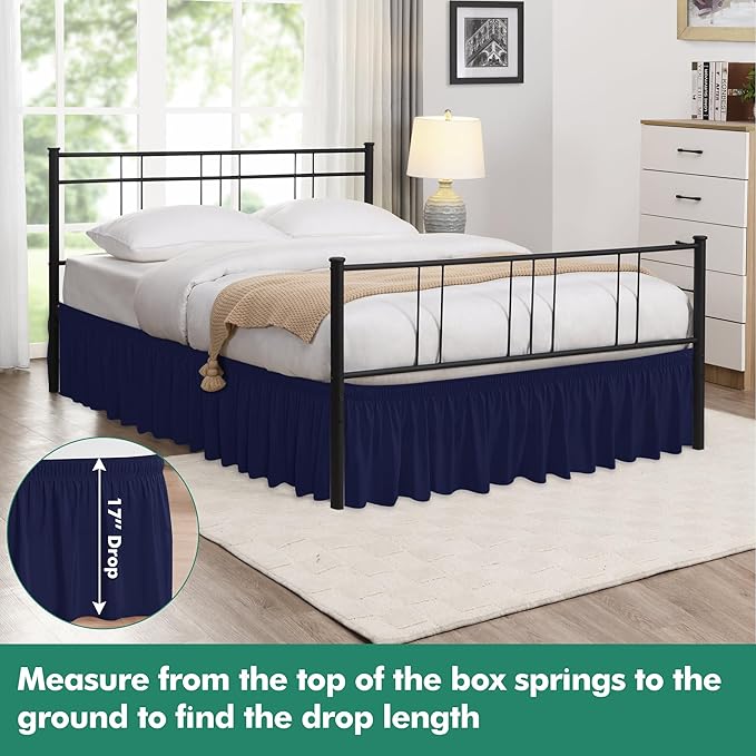 Biscaynebay Wrap Around Bed Skirts with Split Corners for Queen Beds 17" Drop, Navy Elastic Dust Ruffles Easy Fit Wrinkle & Fade Resistant Silky Luxurious Fabric Solid Machine Washable