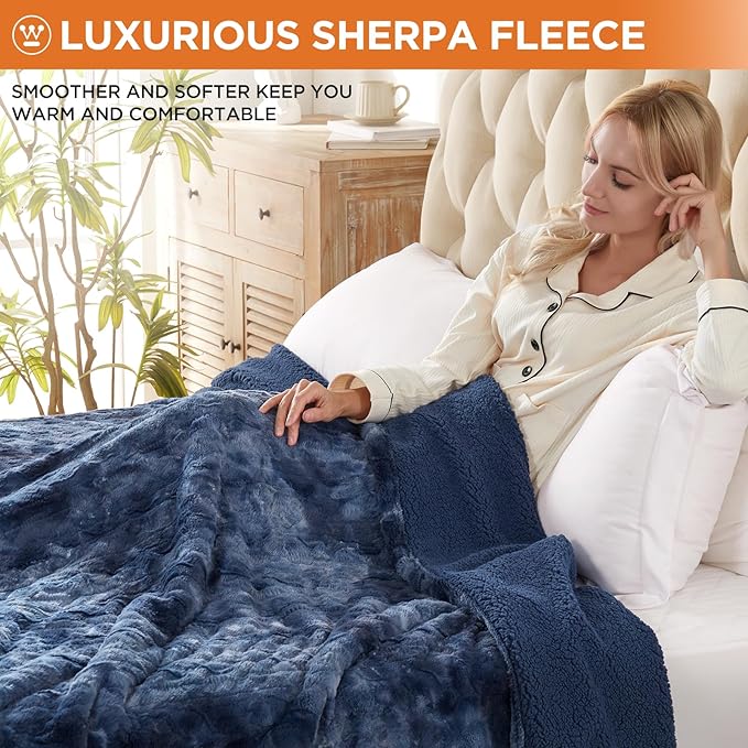 Westinghouse Electric Blanket Twin, Faux Fur Heated Blanket with 10 Heating Levels & 1-12 Hours Auto Off, Soft Cozy Sherpa Heated Blanket Washable Blanket (62" x 84" Twin Size, Indigo)