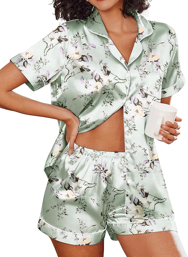 Ekouaer Pajamas for Women Set Silk Satin Pjs Shorts Sleepwear 2 Piece Loungewear S-XXL