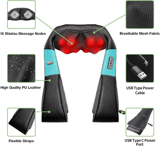 cotsoco Neck Massager, Shiatsu Neck and Back Massager with Heat for Pain Relief, Deep Tissue 3D Kneading Massage Pillow, Relaxation Gifts for Men and Women, Gifts for Dad, Elderly,Wife（Teal）