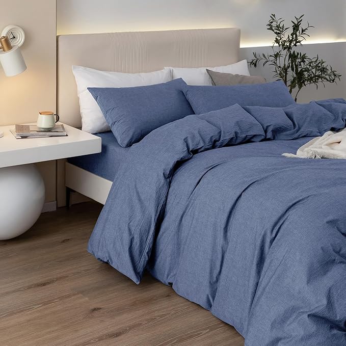 JIYUAN 100% Washed Cotton Duvet Cover Set 3 Pieces Queen, 1 Duvet Cover 90x90 Inches(Comforter Not Included) and 2 Pillowcases,Linen Like Comfy and Breathable,Heathered Blue