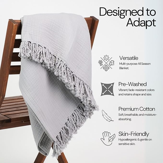 Salt Earth 100% Cotton Muslin Throw Blanket, Gauze Blanket 50"X60" Throw with Tassel 4 Layered for Couch, Bed, Living Room, Lightweight & All Seasons Blankets & Throws, Skin Friendly(Scottish Grey)