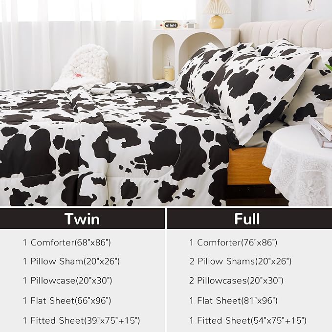Viviland Kids Full Bedding Sets for Girls, Boys Soft Full Comforter Set with Sheets, 7 Pieces Microfiber Bed in a Bag, Cow Animal