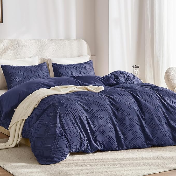 JELLYMONI Duvet Cover King Size Navy Blue - 3PCS Boho Duvet Cover Set Plaid Polyester Tufted Bohemian Jacquard Knit Textured Comforter Cover 104×90in Rhombic Geometric Pattern Zipper Corner Tie