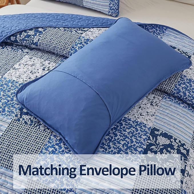 Mybedsoul Blue Quilt Set Twin Size, 2 Pieces Plaid Floral Bedspread Set Patchwork Reversible Bedding Set Microfiber Lightweight Bedspread Coverlet Set for All Season 68"x86"