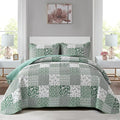 Mybedsoul Green Boho Queen Quilt Set, 3-Piece Reversible Soft Plaid Floral Bedding Set with 2 Pillow Shams - Sage Green Queen Size Quilt Bedspread Coverlet Set 90” x 96”