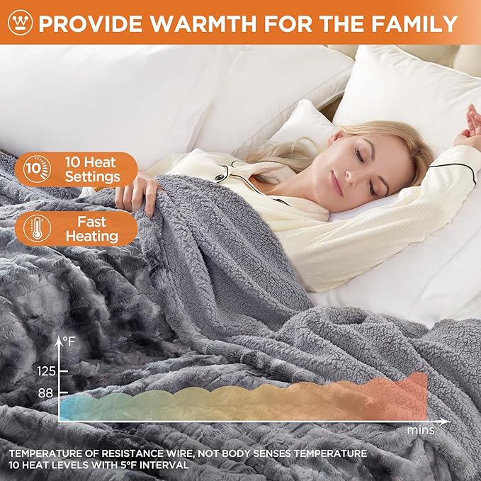 Westinghouse Electric Blanket Full, Faux Fur Heated Blanket with 10 Heating Levels & 1-12 Hours Auto Off, Soft Cozy Sherpa Heated Blanket Washable Blanket (80" x 84" Full Size, Grey)