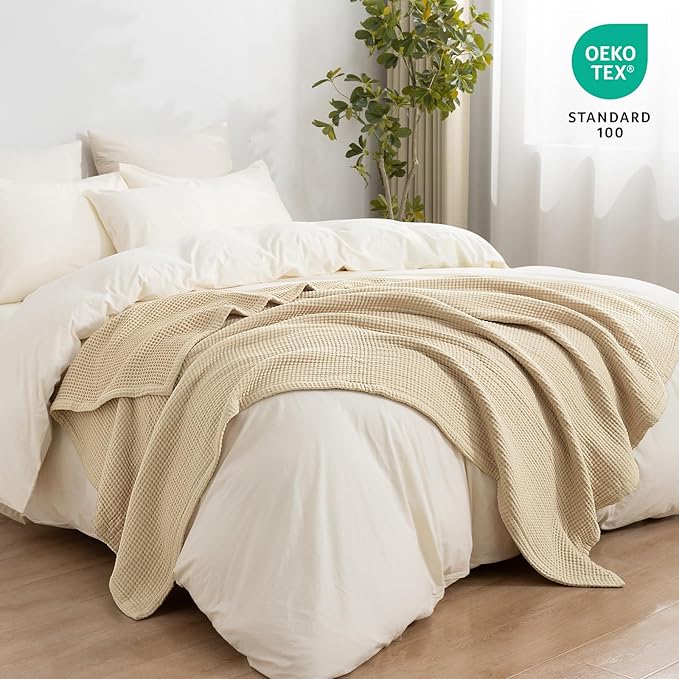PHF 100% Cotton Waffle & Muslin Throw Blanket Large, Soft Breathable Luxury 400GSM Versatile Reversible Bedding for Couch, Great for Layering in Cold Weather, Home Decor Gift, 50" x 70", French Oak