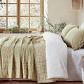 Moss Green Bedspreads Queen Size， Cotton Quilt 3-Pieces Bed Set Queen Size with Green Checked Stone Washed Bedding Coverlet with 2 Pillow Shams